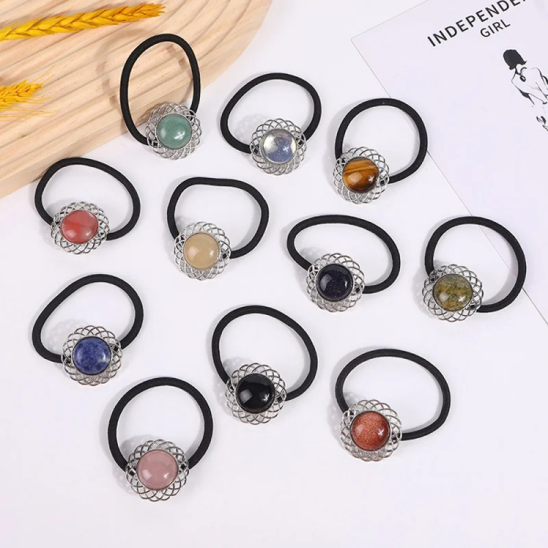 

Natural Tiger Eye Stone Crystal Sunflower Hair Tie for Women Gifts Light Luxury Jade Semi-precious Stone Hair Ring Stall Supply