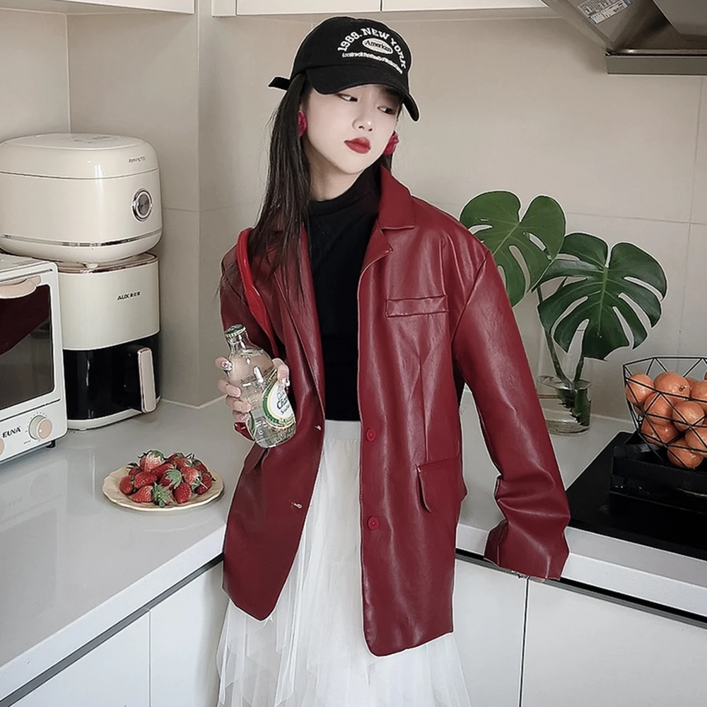 Girls Leather Blazer Spring Fall New Fashion PU Jacket Outerwear Loose Casual Teenage Kids Tops Clothes 13 14 15 Years Dark Red