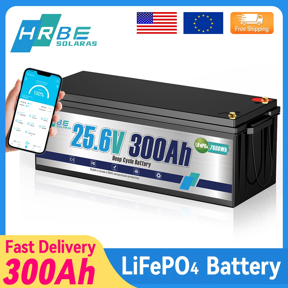 HRBE 24V 300Ah LiFePO4 Battery With BMS 200A 8000+Deep Cycles For Marine RV Solar Off-Grid Camper RV Home Energy Solar Trolling Motor 24V Lithium Battery