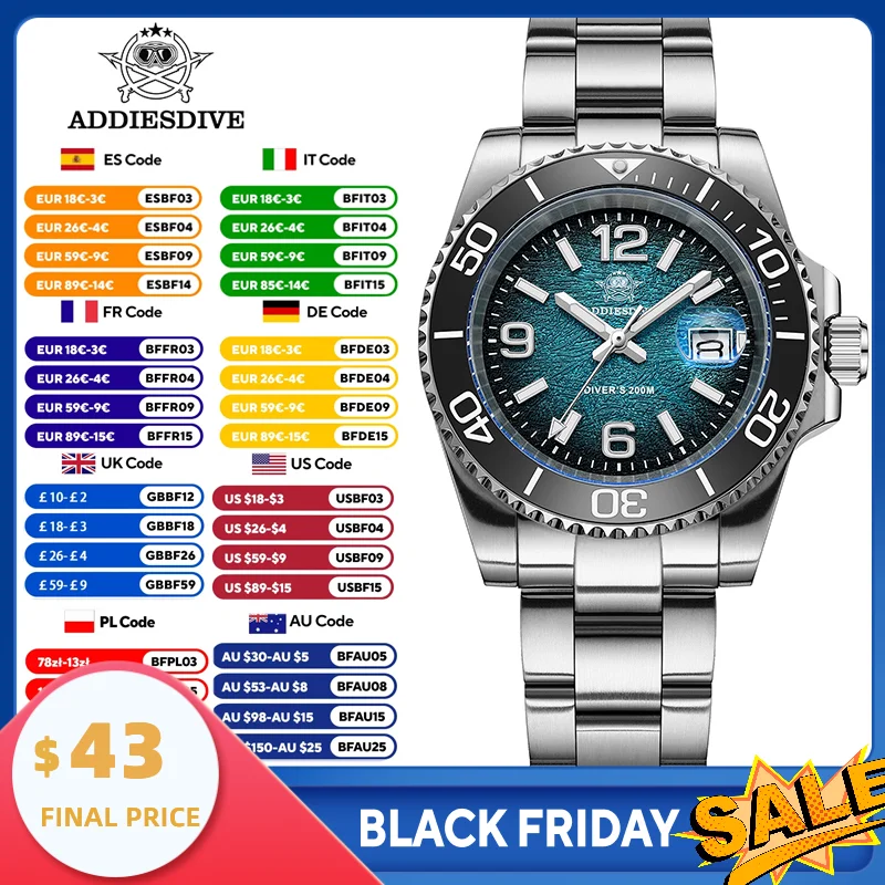 

ADDIESDIVE Luxury Men's Quartz Watch 41mm Mineral Cryst Super Luminous 200M Waterproof Wristwatch Retro Men Analog Watch AD2513