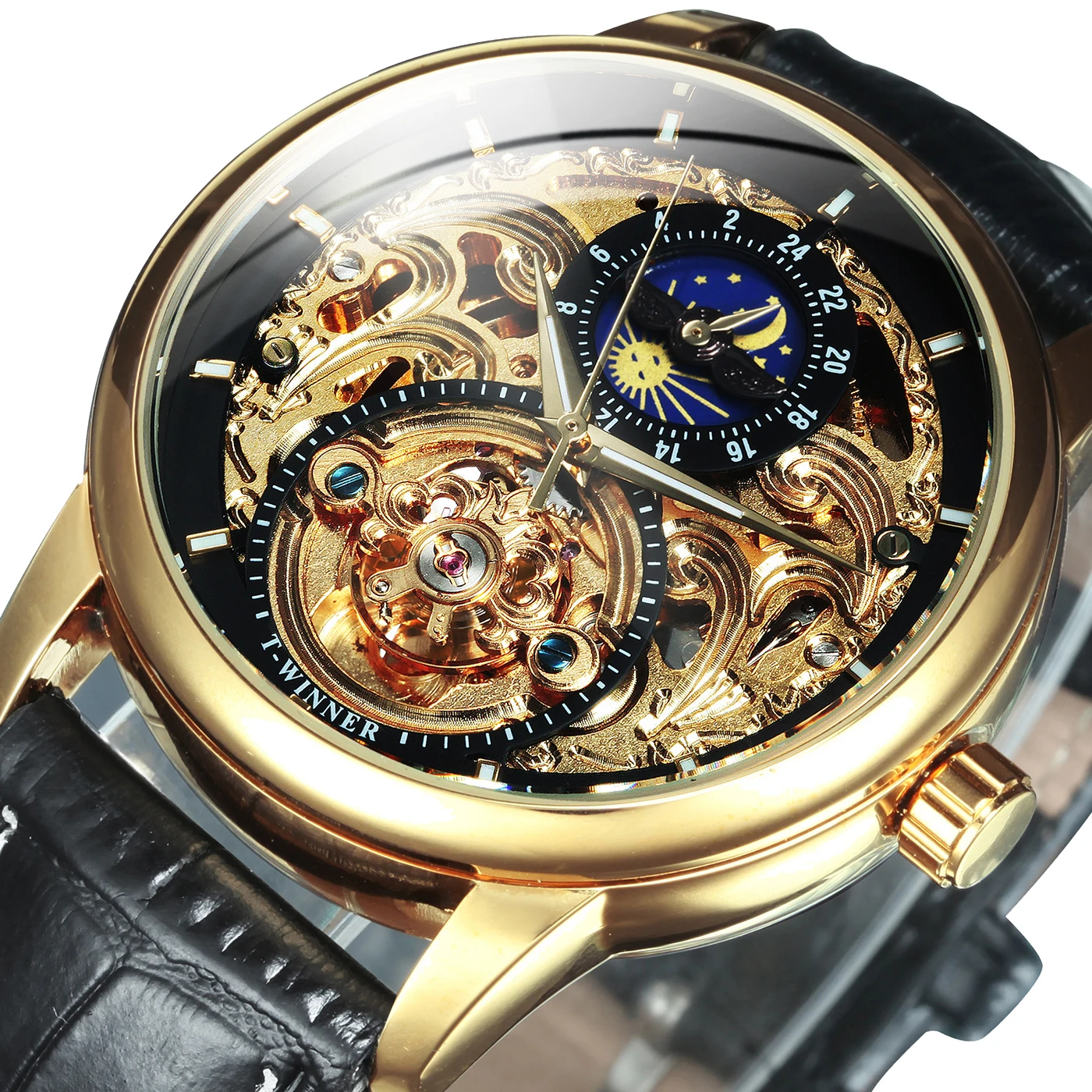 WINNER Classic Retro Automatic Mechanical Watches Luxury Tourbillon Skeleton Mens Watch Moon Phase Genuine Leather Strap Clock