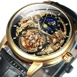 WINNER Orologi meccanici automatici classici retrò Tourbillon di lusso scheletro orologio da uomo con fasi lunari orologio con cinturino in vera pelle