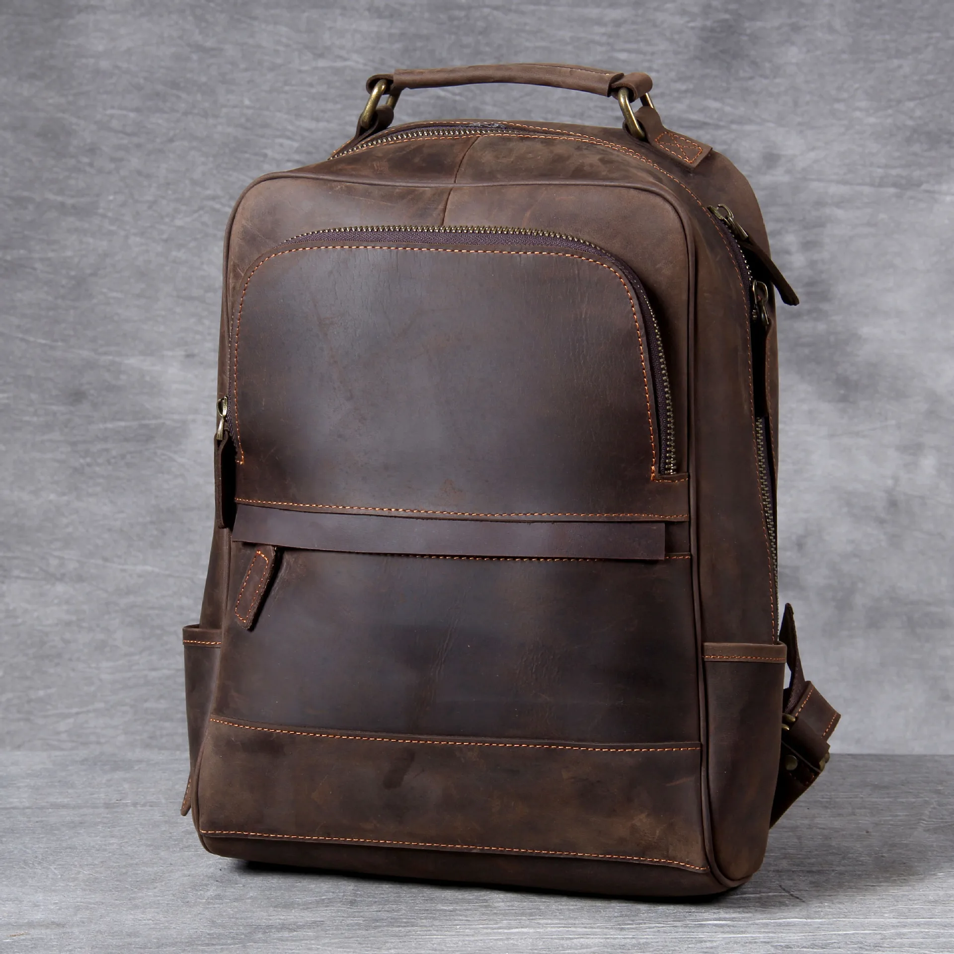 Fashion Designer Leather Backpack Vintage Style Crazy Horse Leather Travel Backpack Bag 100% Genuine Leather Computer Bag Men