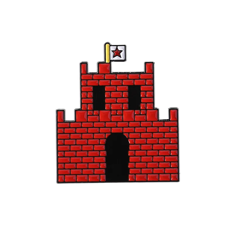 Broches en forma de castillo de dibujos animados, insignias de aleación con patrón de edificio pequeño rojo, alfileres de ropa y accesorios para amigos como regalo