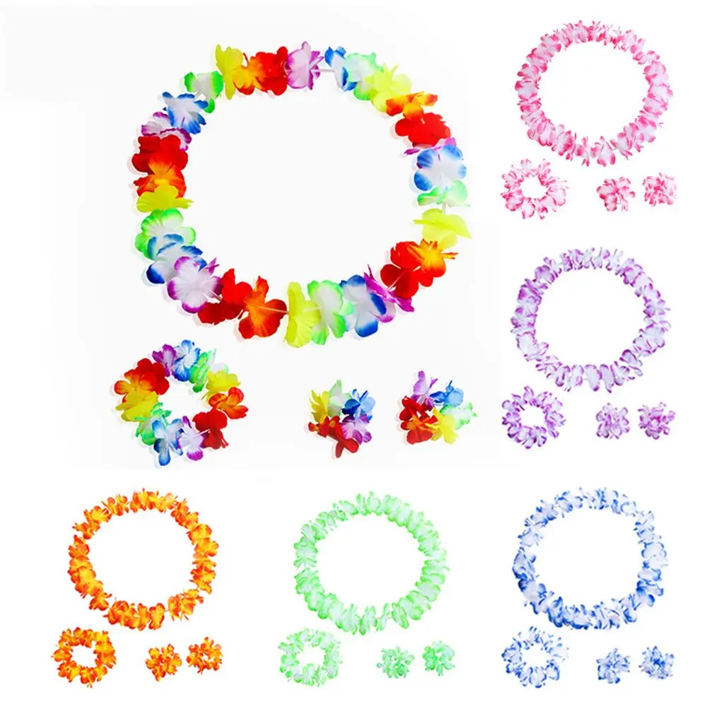 

4pcs/set Colorful Beach Fancy Dress Hawaiian Flowers Necklace Wristbands Wedding Decorations Headband Garland