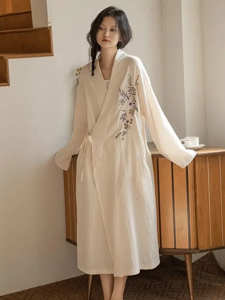 Autumn Robes Women Lovely Floral Chic Lace-up Design Fashion Japanese Style Cozy Long Sleeved Sleepwear Midi Night Ladies Daily