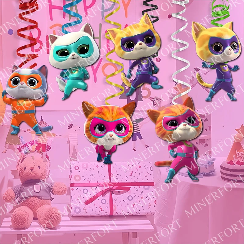 6 uds Superkitties temático dibujos animados colgante espiral Kawaii Linda pata Meow gato colorido Anime decoración suministros de fiesta de cumpleaños para niños