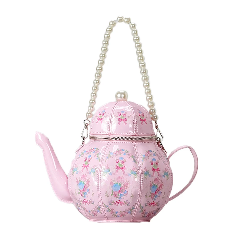 

Pearl Chain Shoulder Bags Printed Teapot Handbag Retro Lolita Woman's Bag Fashion PU Creative Funny Crossbody Bags Niche Design