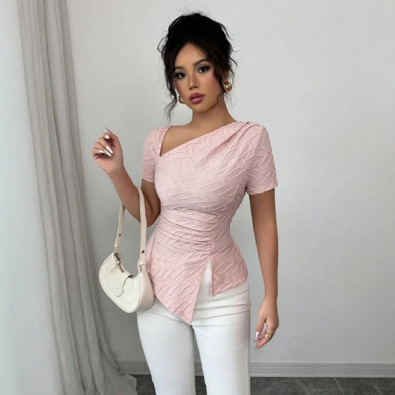 

Women Summer New Commute Pink Texture Knitted Slim Fit Top Asymmetrical Shoulder Short Sleeve Irregular Hem Side Slit Casual Top
