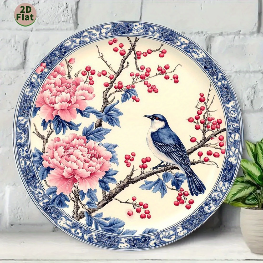 2D Flat, Traditional Chinese Blue & White Porcelain Metal Plate - Round Wall-Mountable Sign Suitable for Tableware, Home Decor