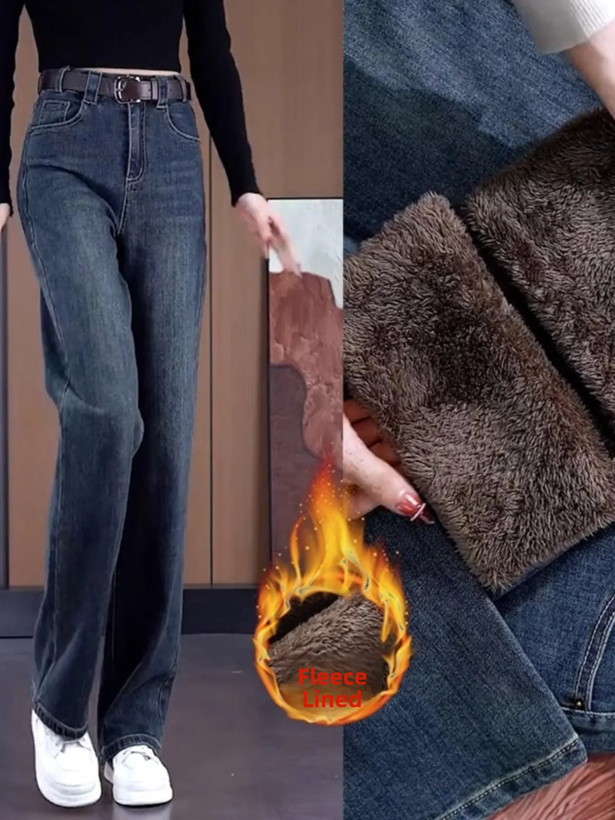 

Женские джинсы скинни на подкладке Fce, свободные прямые теплые брюки с высокой талией, весна-осень, Новое поступление, большие размеры, широкие штанины