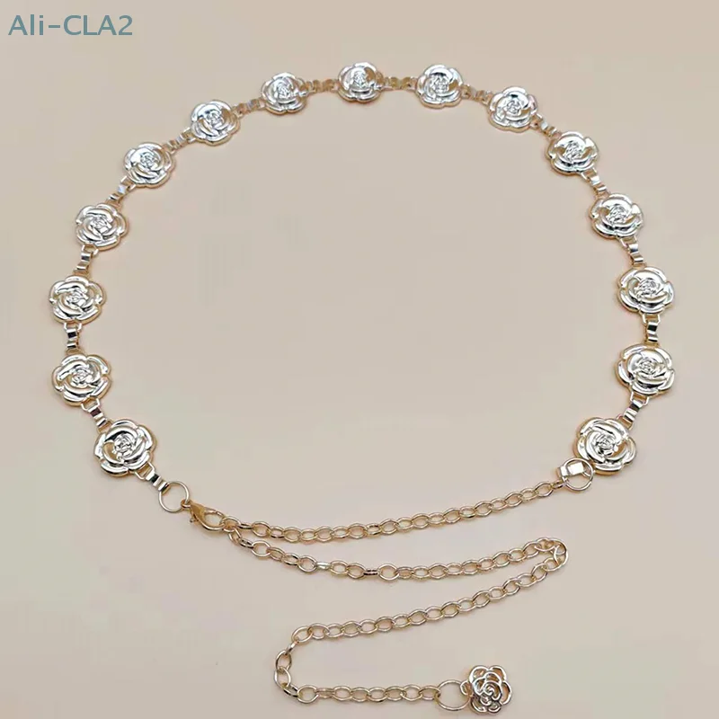 1Pc Gold Silber Farbe Rose Kette Gürtel Frauen Mode Metall Dünne Glänzende Blume Gürtel Weibliche Jeans Kleid Dekoration Gürtel