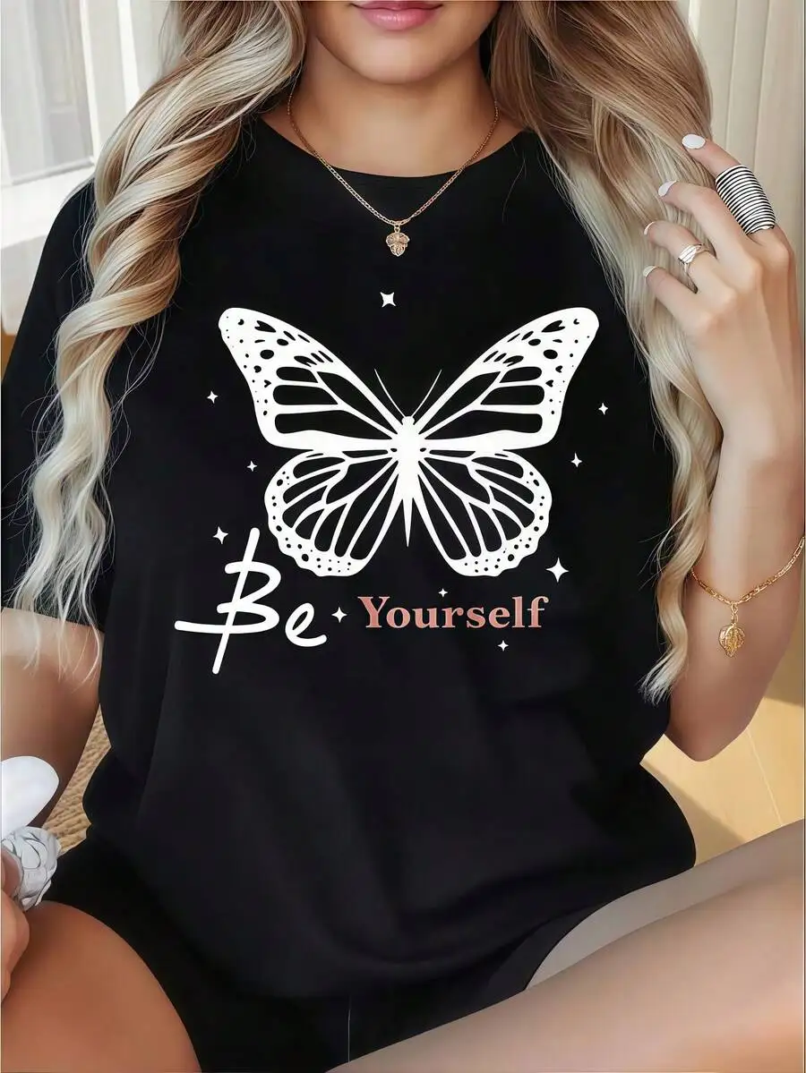 Vacation‑Vibe Women Short‑Sleeve T‑Shirt Crew Neck Beach Postcard Pattern Print Cream Summer Daily Wear Tops