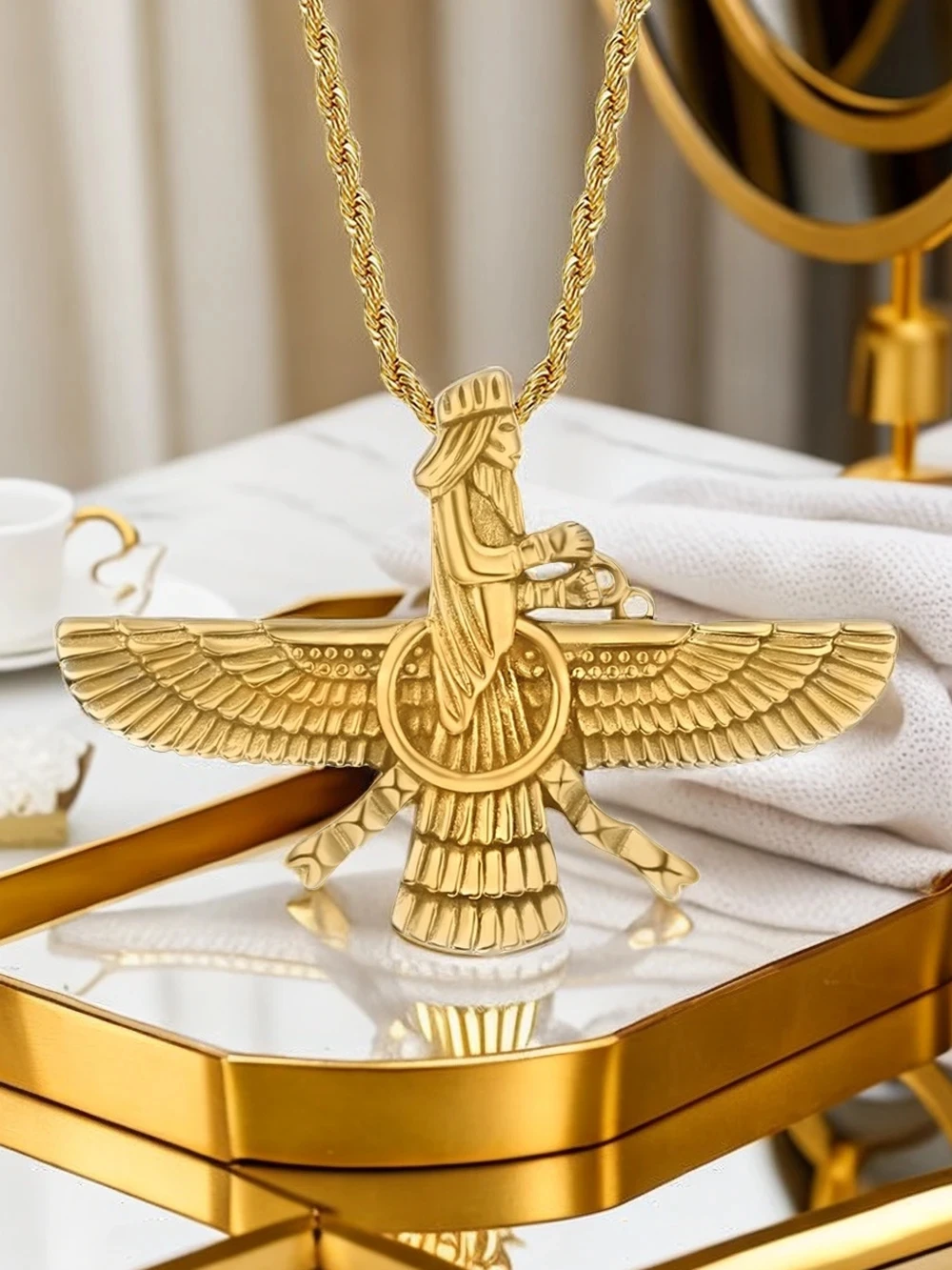 جديد الرجال الهيب هوب إيران Faravahar Ahura مازدا Zoroastrian عُقد ذهبي بدلاية اللون الفولاذ المقاوم للصدأ الرجال المجوهرات