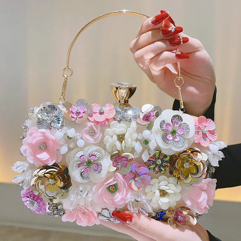 

Floral Evening Dinner Handbag Beaded Flower Clutch Bag Metal Chain Crossbody Bag Banquet Handbag Wedding Prom Purse Dropship