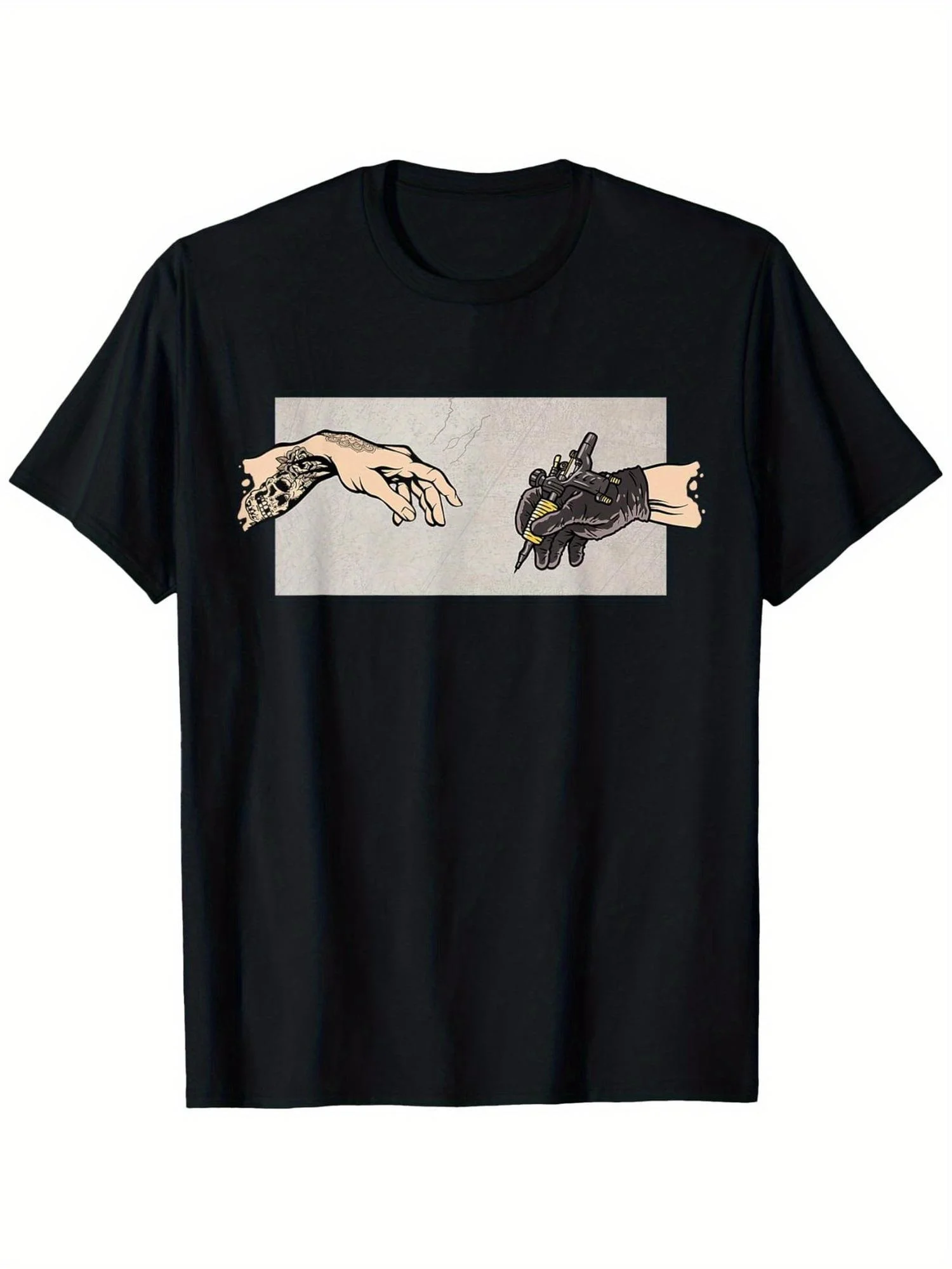 Black Graphic T-shirt with Artist-designed Hand and Bird Motifs, Suitable for Everyday Wear or Casual Occasions.women Clothing