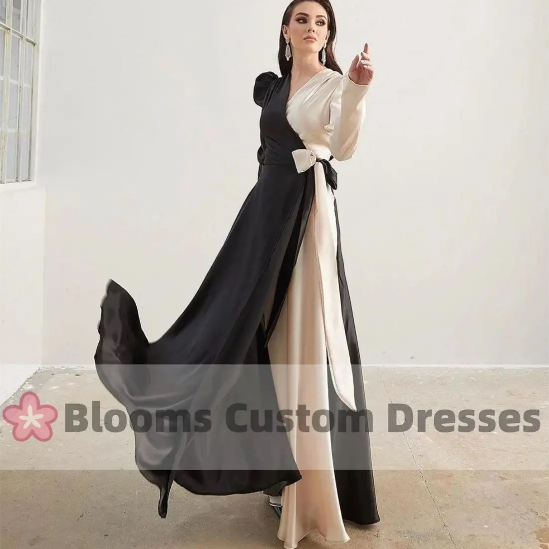 

Blooms A-Line Contrast Color Prom Dresses Shiny Satin Sash Elegant Women Long Sleeves Evening Dress Formal Party Gown