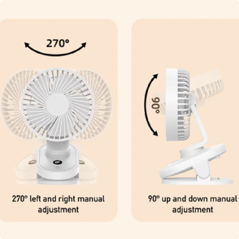 Portable handheld clamp fan,bedroom seat clamp fan,adjustable angle 5-speed 1800mAh,USB charging,digital silent display