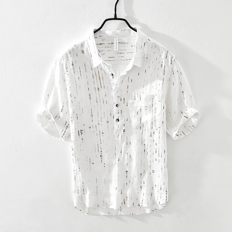

Japanese-style artistic men's square-neck linen shirt, fashionable printed thin short-sleeve linen blouse