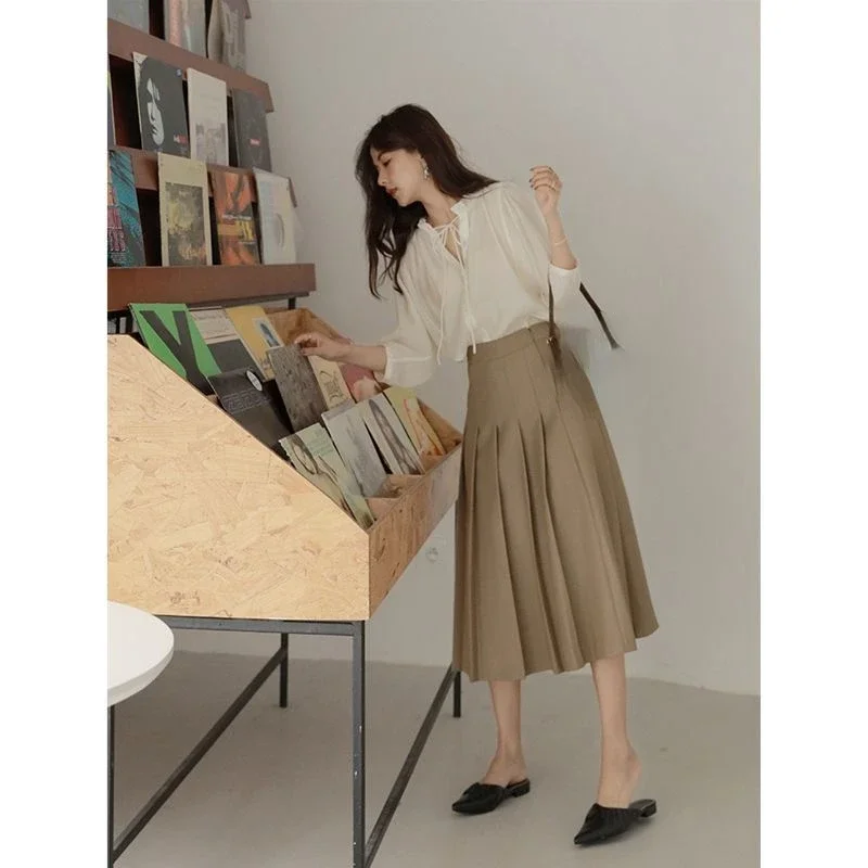 Khaki Black Midi Long Skirt High Waist Pleated Skirts,korean clothing women ladies temperament graceful chic elegant vintage y2k