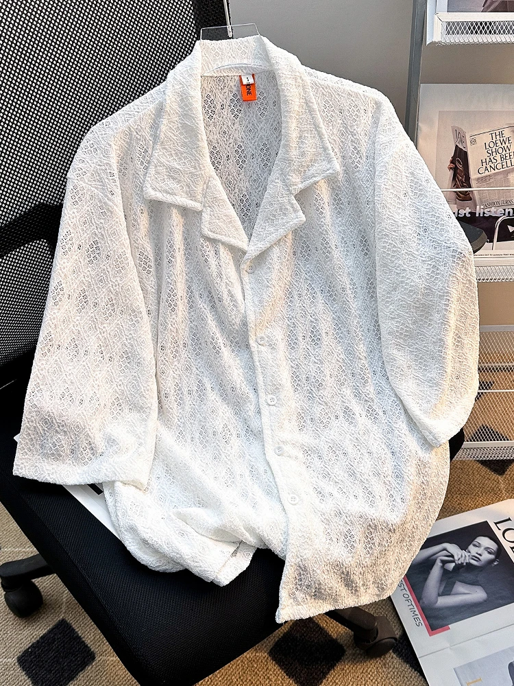 

Men's Summer Thin Hollow out Breathable Short Sleeve Shirt Retro Hong Kong Style Casual Trendy Brand Ice Silk Loose Fit Travel