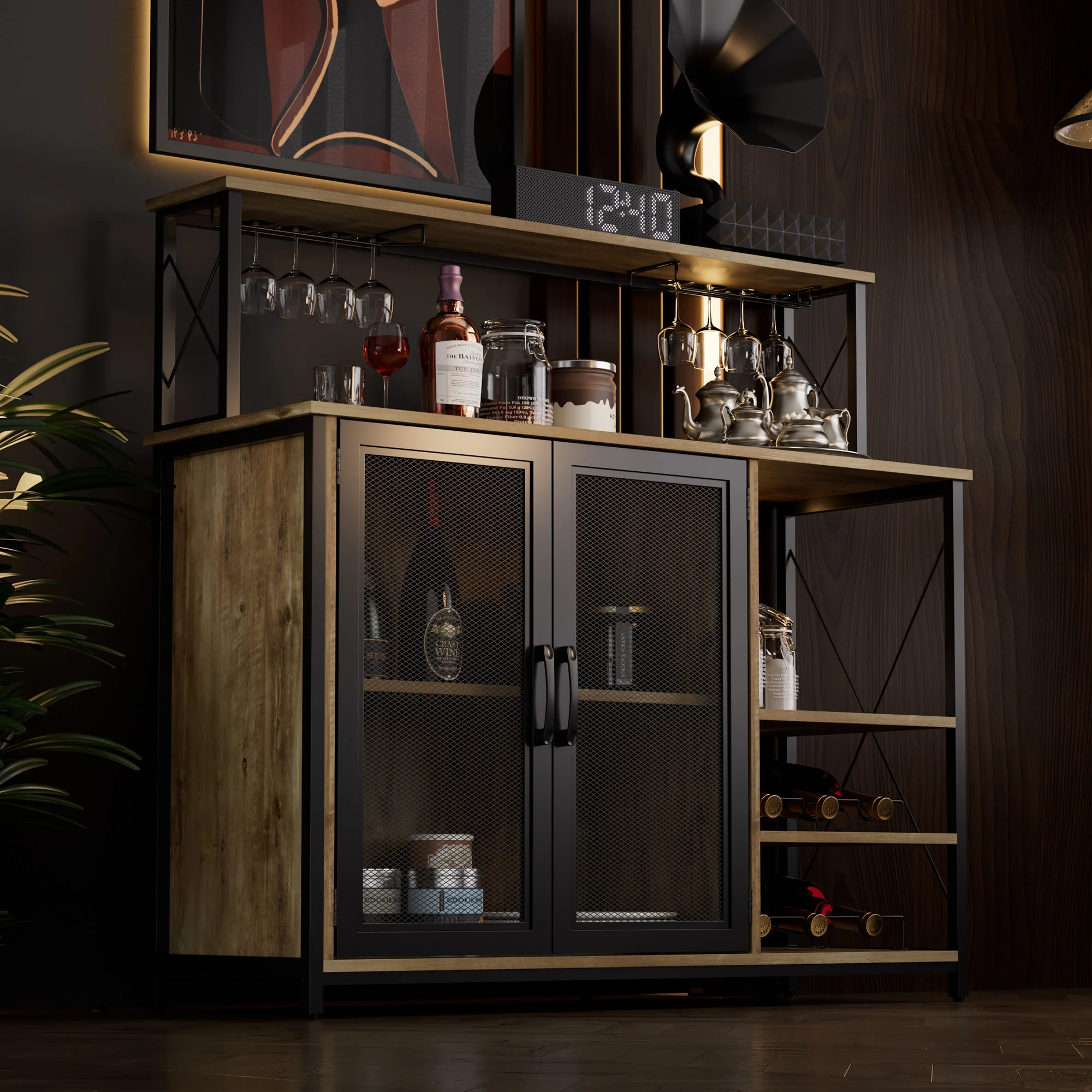 Wine Bar Cabinet with Removable Wine Rack, Coffee Bar Cabinet with Glass Holder, 3 Adjustable Open Shelves, Small Sideboard