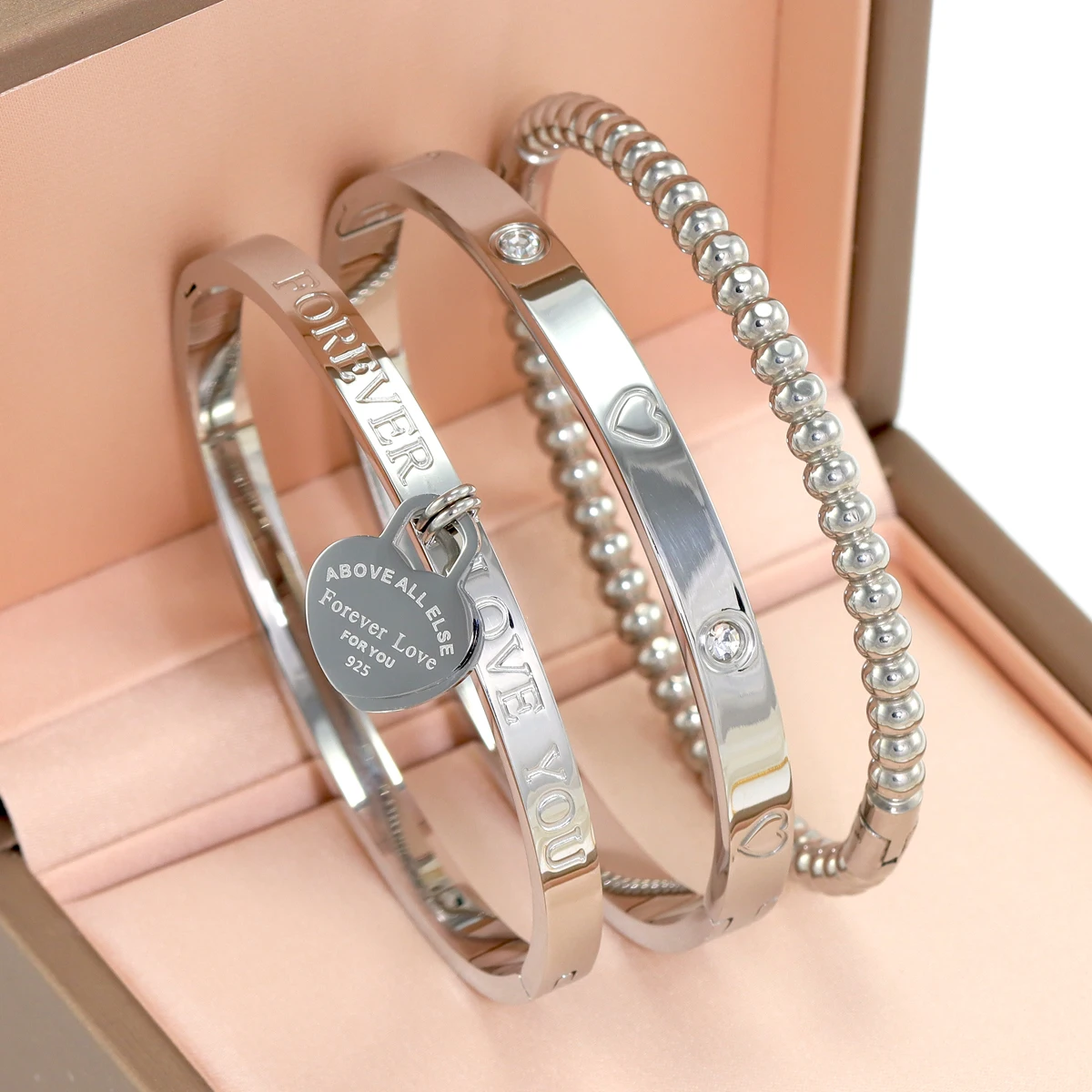 Stainless Steel Stackable Love Heart Bracelet Jewelry Sets, for Women\'s Daily Wear, Gift to Girlfriends, Birthday Gifts
