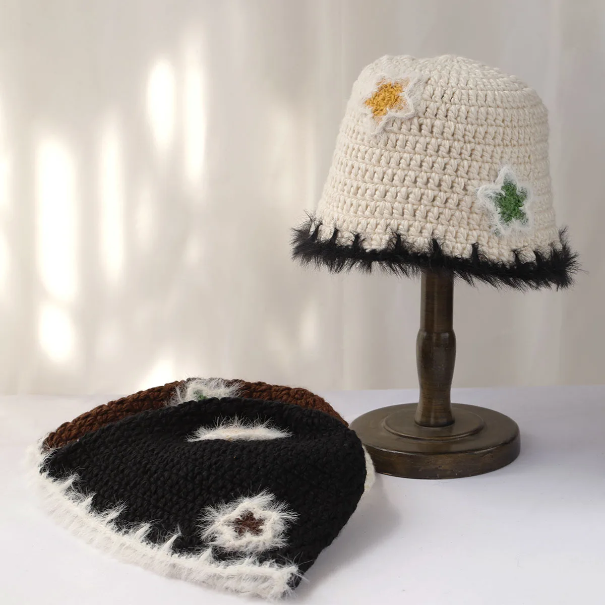 2024 New Star Colorful Fringe Woolen Hat Women's Autumn and Winter Cute Handmade Plush Hat Knitted Fisherman Bucket Hats