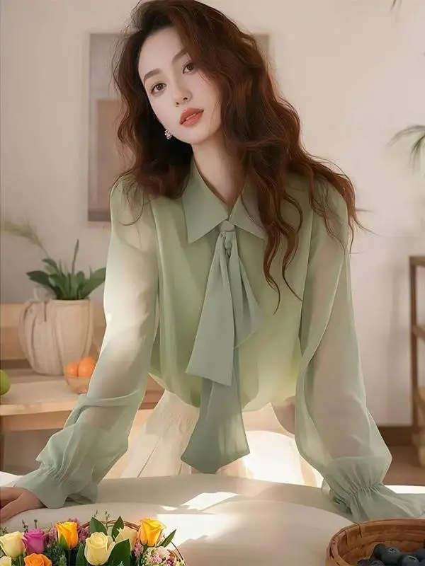 

Knot Chiffon Shirt Women's Long Sleeve Spring New Professional Slimming Top Super Fairy Trendy Age Reduction Shirt
