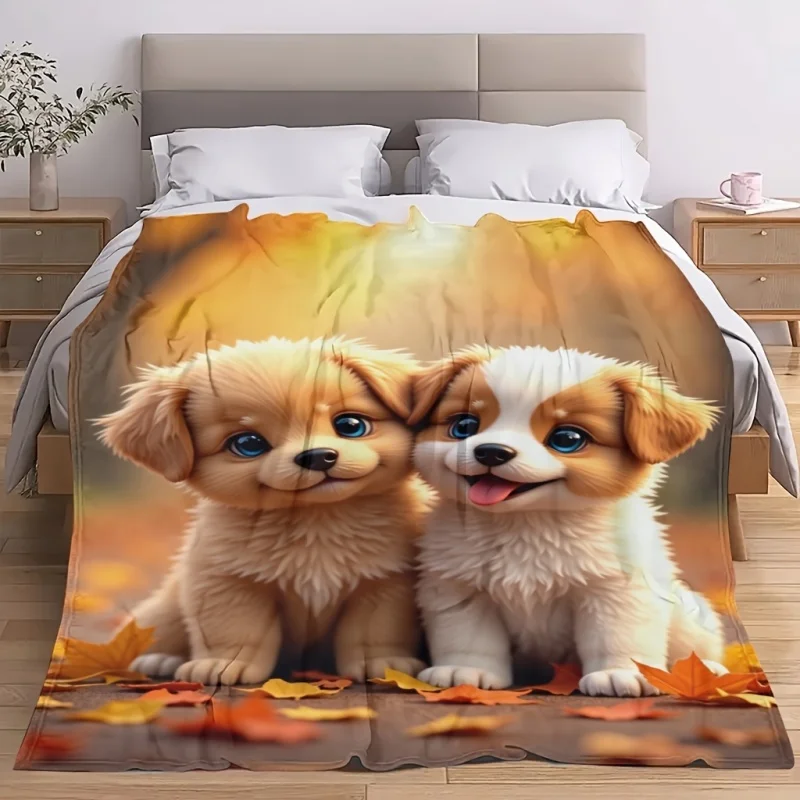 Cute Puppies Flannel Blanket Autumn Maple Leaves Dog Photo Fleece Blanket Soft Cozy Warm Throw Blankets For Bed Sofa Room Decor