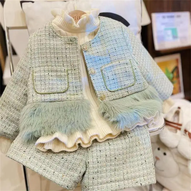 Fashion Girls Cotton-padded Coat Faux Fur Splicing Jacket and Shorts Set Autumn Winter Kids 2-Piece Clothing