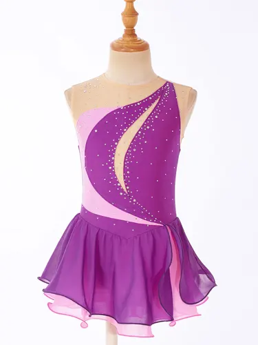 Imagen 2 del producto Vestido de patinaje artístico con diamantes de imitación para niñas, sin mangas, con espalda hueca, trajes de competición de gasa, vestido de tutú de Ballet para actuación