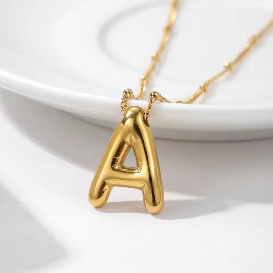 

Personalized 26 English Letter Initial Name Pendant 18K Gold Plated Glossy Letter Necklace With Bead Chain A to Z Bubble Alphabe