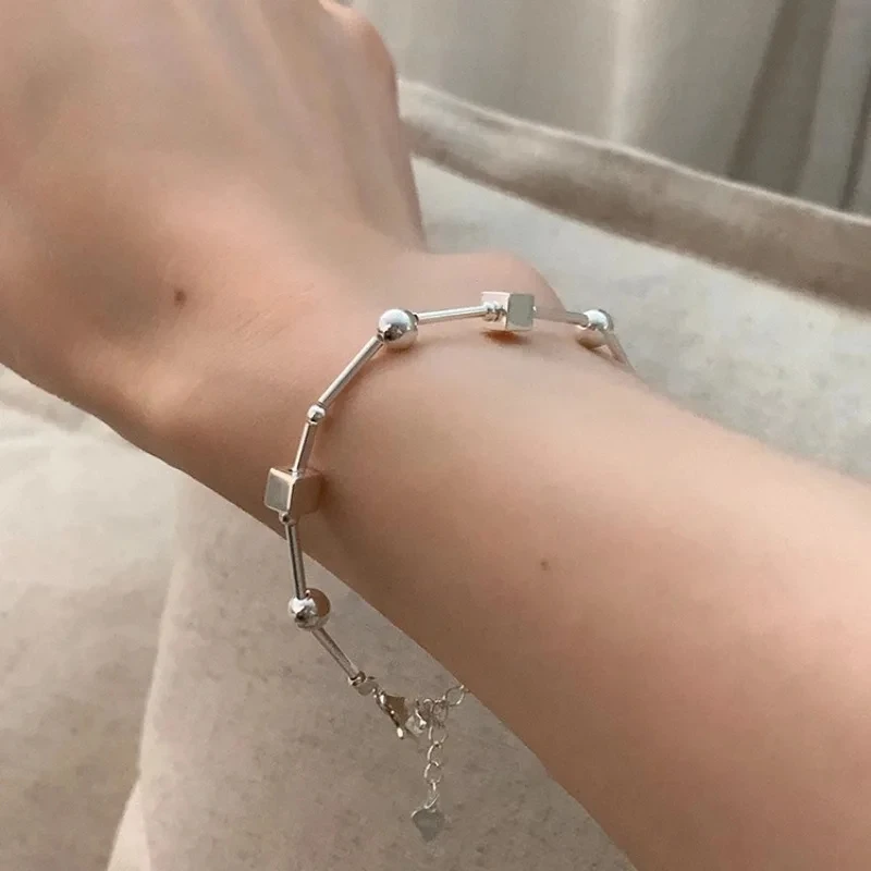 

PANJBJ 925 Sterling Silver Bead Block Bracelet for Women Girl Punk Asymmetry Geometry Jewelry Birthday Gift Dropshipping