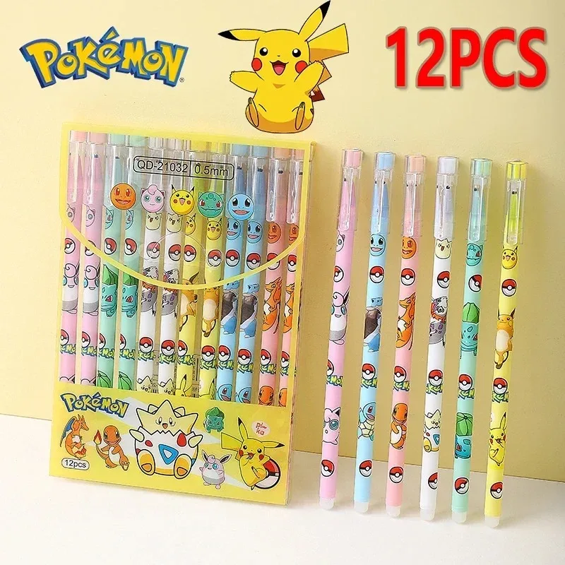 Stylo Gel Pokemon Pikachu, 12 pièces/boîte, dessin animé effaçable, stylo de Signature d'écriture, fournitures d'apprentissage pour étudiants, papeterie pour enfants