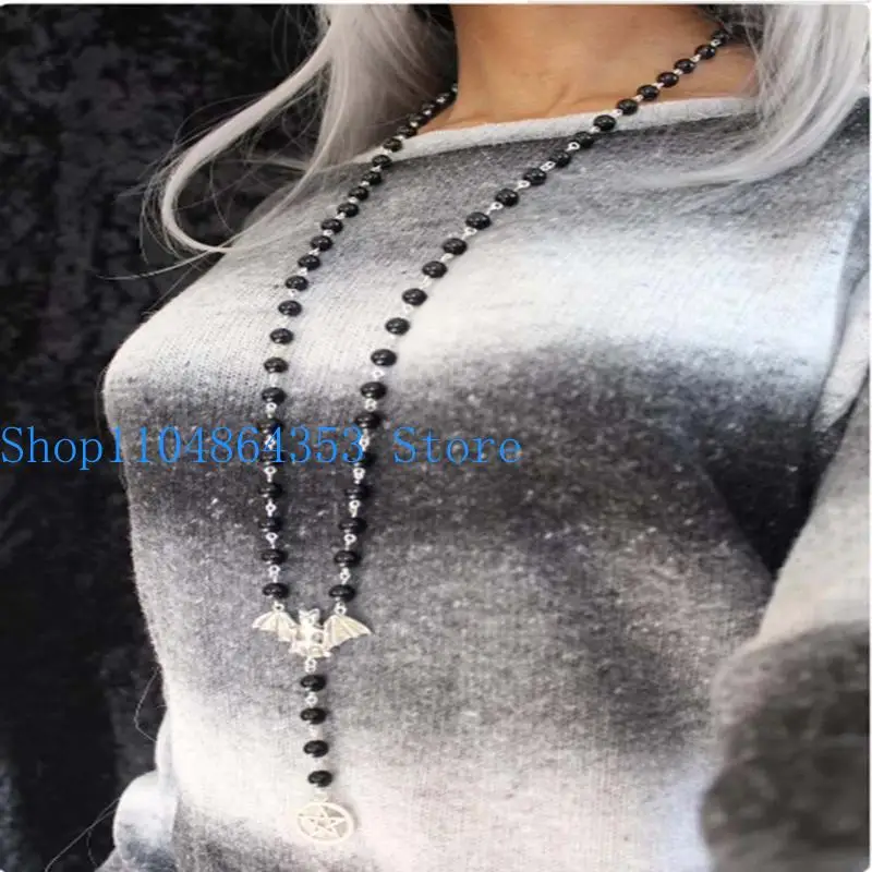 652F Gothic Halloween Jewelry Rosary Necklace Gothic Silver Bat Pendant Pagan Pentagram Pendant Necklace for Women Men