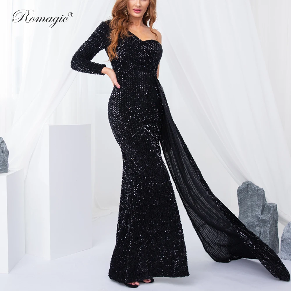 One Shoulder Full Sleeve Evening Gown Padded Luxury Sequins Long Streamer Sexy Split Floor Length Prom Party Dress Elegant Women