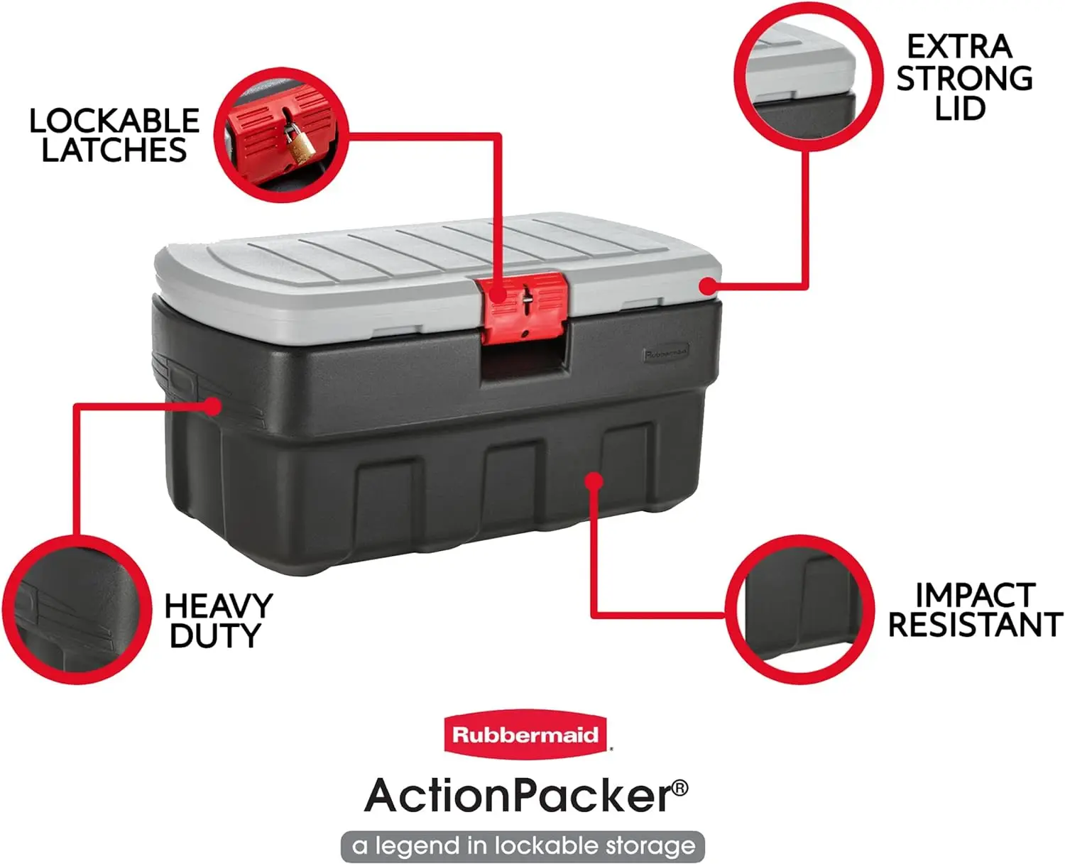 Rubbermaid-caja de almacenamiento con cerradura ActionPacker, 35 Gal, gris y negro, para exteriores, Industrial, resistente