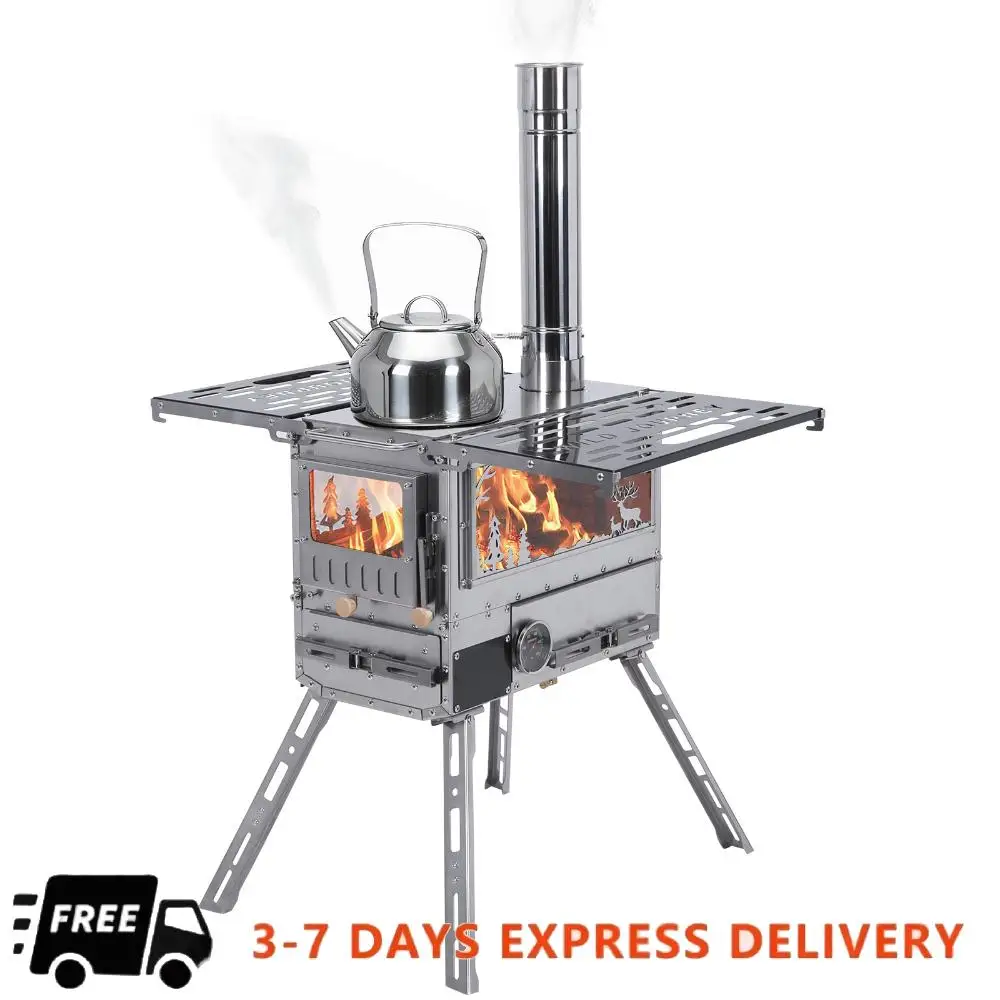 

Дровяная печь с духовкой и походным столом с дымоходом, мультитопливная походная печь из нержавеющей стали для обогрева, приготовления пищи и охоты