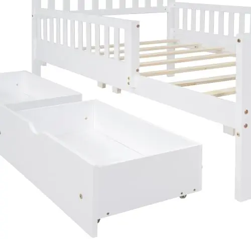 Kids Full Bed Frame with Storage Drawers and Both Sides Guardrails, Kids Platform Bed with Headboard and Slat Support,