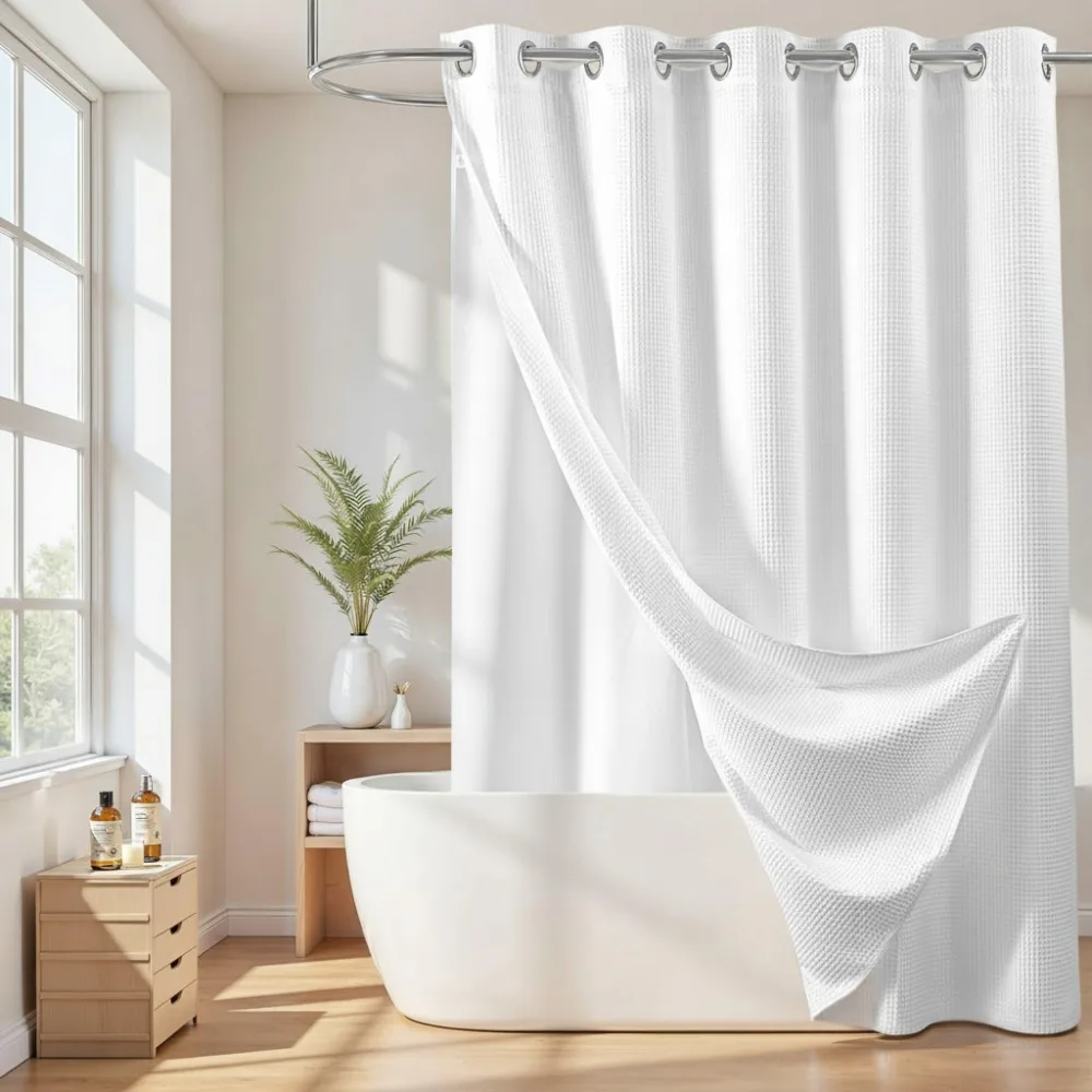 

Premium Cotton Blend Snap-On Shower Curtain with Magnetic Bottom, Hotel Grade Water Repellent Bathroom Decor