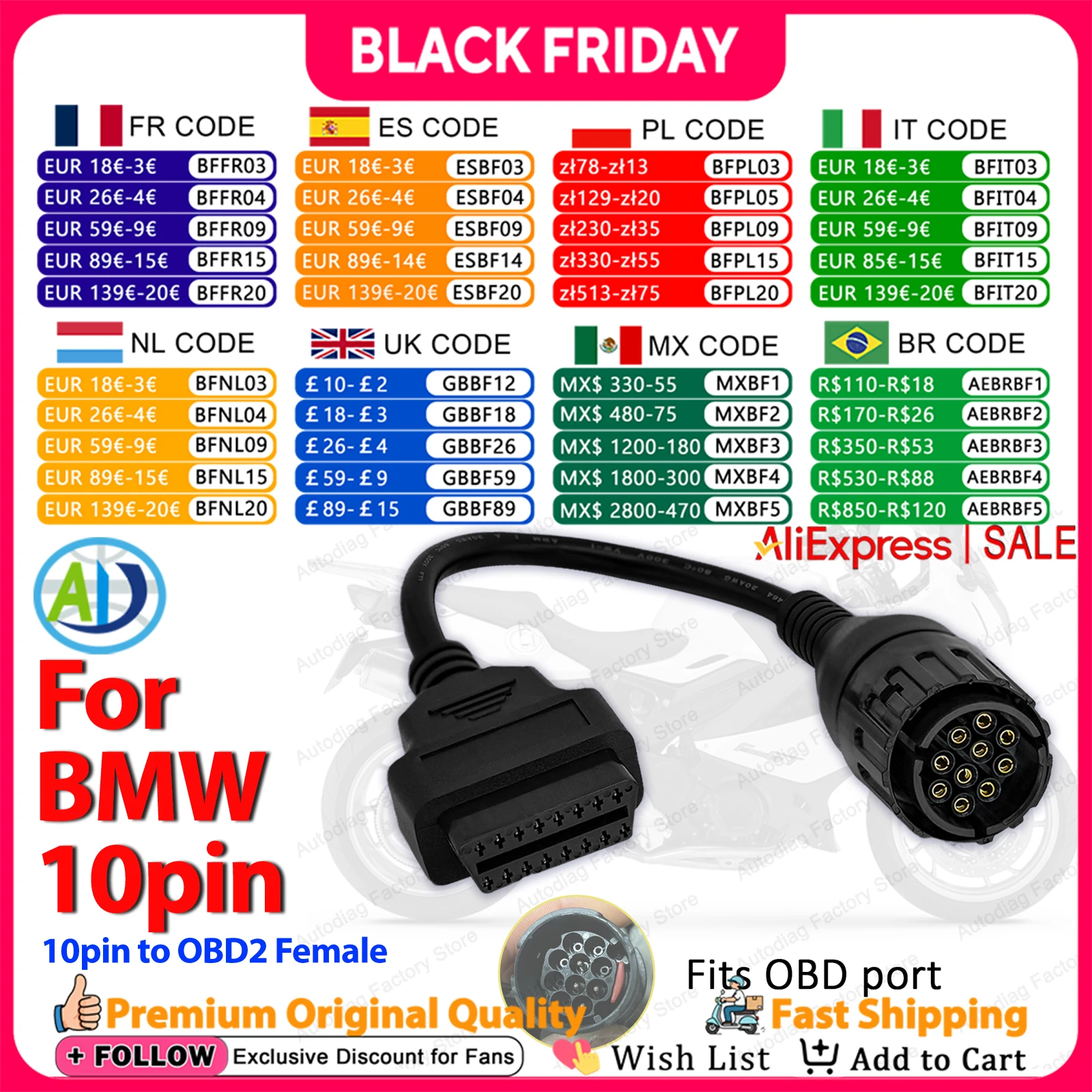 yZ[z10Pin OBD2 A_v^ BMW I[goC F800GS S1000 R1200GS ISTA INPA  MotoScan I[goCffc[RlN^