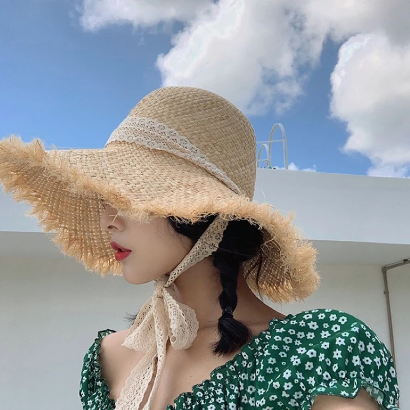 

Spring and summer hat women lace Raffi straw hat beach travel vacation seaside windbreak large eaves