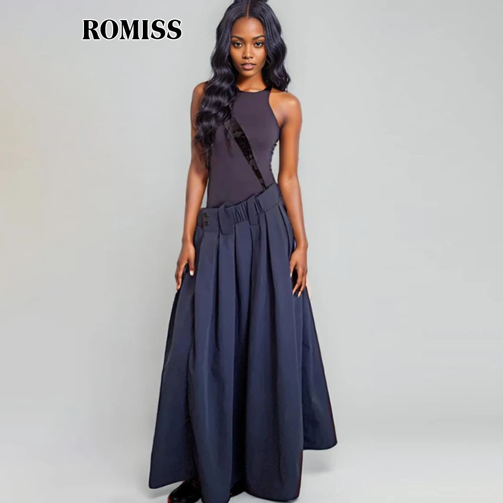 

ROMISS Spliced Belt Dresses For Women O Neck Sleeveless Square Collar High Waist Elegant Patchwork Folds Loose Female Dress New