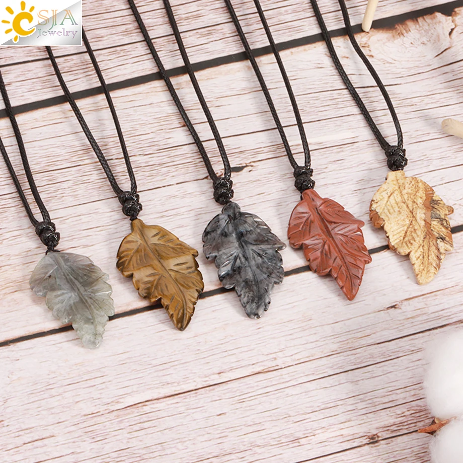 CSJA Natural Stone Leaves Pendant Necklace for Women Healing Hand Carved Crystal Necklaces Man Jewelry Halloween Gift H246