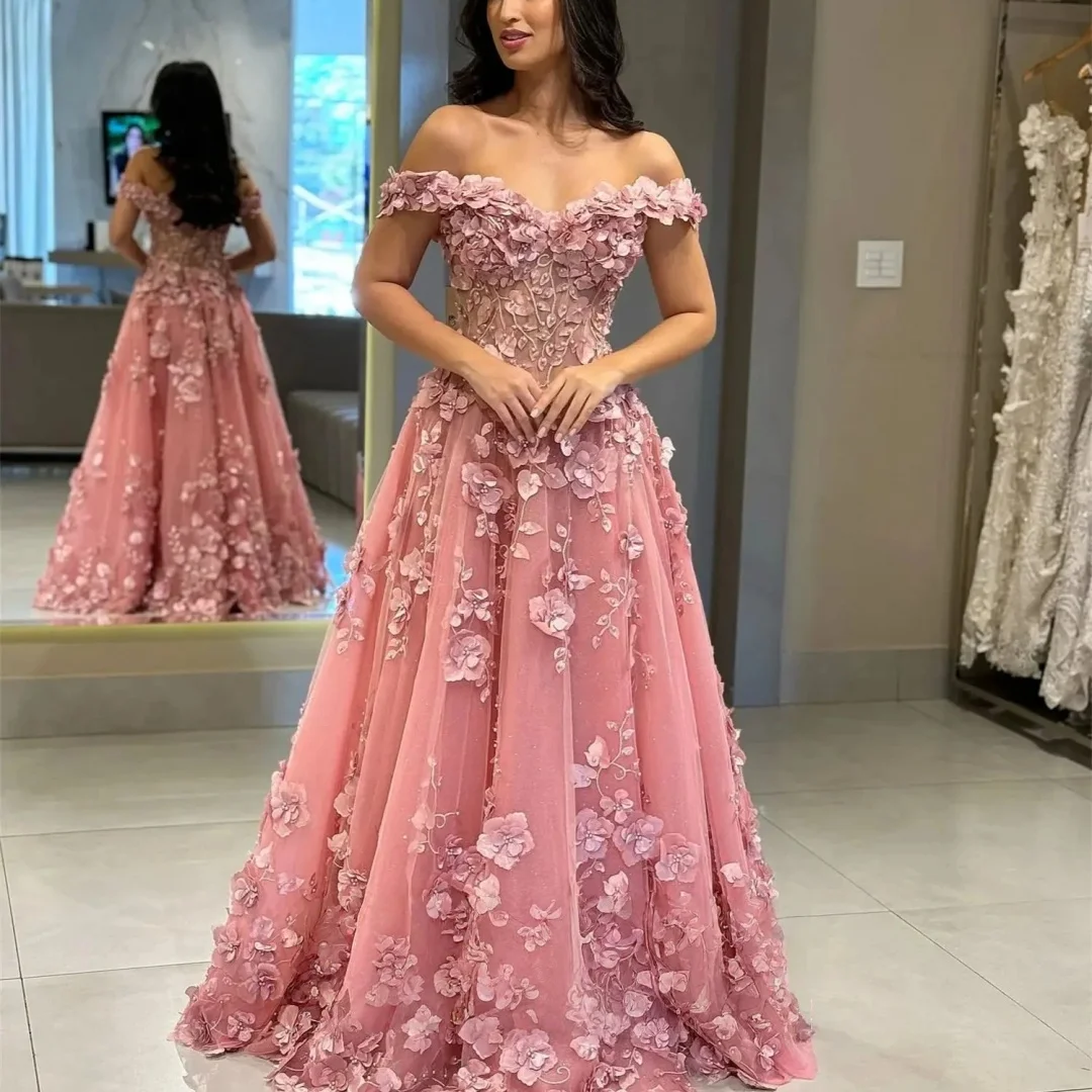Amanda Customized Light Blue 3D Floral Off Shoulder Prom Dress Formal Evening Gown vestidos de noche with Tulle Skirt for Women