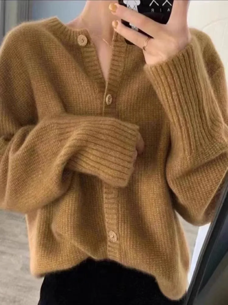 

Autumn winter round neck 100% cashmere sweater long sleeve knitted cardigan ladies loose solid color wool knitted sweater top