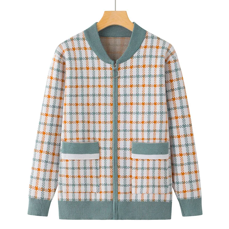 

Fashion Plaid Spring Autumn Cardigan For Women V Neck Zipper Cardigans Sweater Winter Middle Aged Mother Knitwears Coat XL-4XL