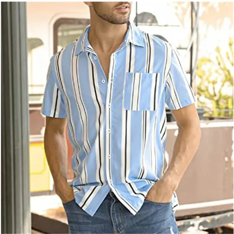 

2023 Men's Shirt Summer Hawaiian Shirt Stripe Print Lapel Outdoor Street Short Sleeve Pocket Clothing Designer Casual Soft 5XL