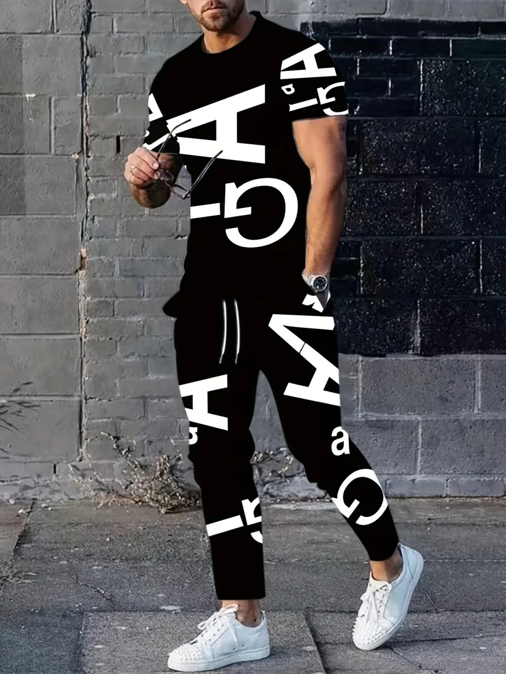 جديد الرجال الصيف شخصية رسالة مطبوعة مريحة للتنفس جولة الرقبة تي شيرت السراويل مجموعة ملابس عصرية في الهواء الطلق #1
